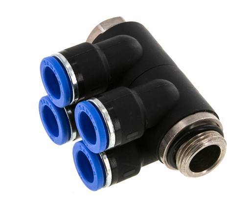 10mm x G3/8'' 4-way Manifold Messing/PA 66 Insteekfitting Buitendraad Draaibaar NBR