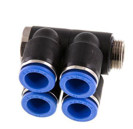 12mm x G3/8'' 4-way Manifold Messing/PA 66 Insteekfitting Buitendraad Draaibaar NBR