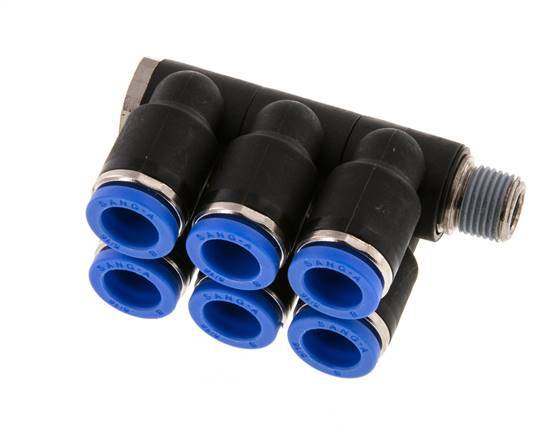 8mm x R1/8'' 6-way Manifold Messing/PA 66 Insteekfitting Buitendraad Draaibaar NBR