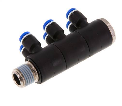 4mm x R1/4'' 6-way Manifold Messing/PA 66 Insteekfitting Buitendraad Draaibaar NBR