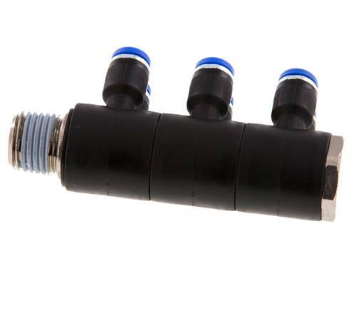 4mm x R1/4'' 6-way Manifold Messing/PA 66 Insteekfitting Buitendraad Draaibaar NBR
