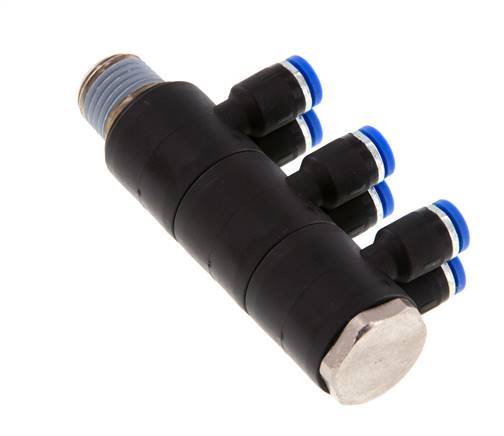 4mm x R1/4'' 6-way Manifold Messing/PA 66 Insteekfitting Buitendraad Draaibaar NBR