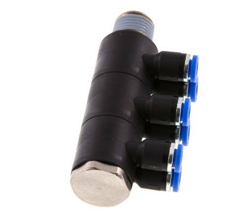 4mm x R1/4'' 6-way Manifold Messing/PA 66 Insteekfitting Buitendraad Draaibaar NBR
