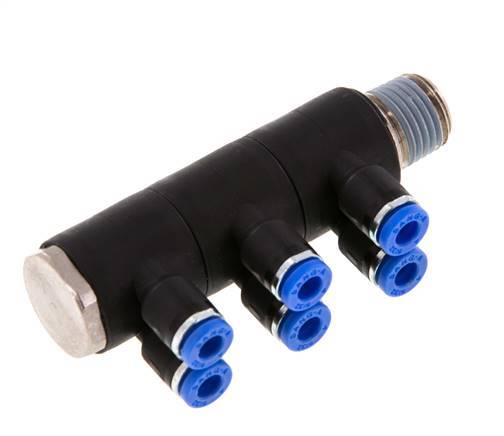 4mm x R1/4'' 6-way Manifold Messing/PA 66 Insteekfitting Buitendraad Draaibaar NBR