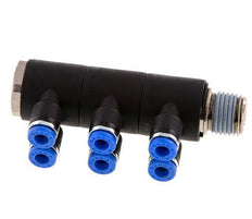 4mm x R1/4'' 6-way Manifold Messing/PA 66 Insteekfitting Buitendraad Draaibaar NBR
