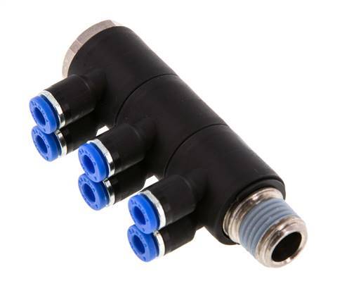 4mm x R1/4'' 6-way Manifold Messing/PA 66 Insteekfitting Buitendraad Draaibaar NBR