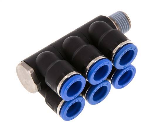 10mm x R1/4'' 6-way Manifold Messing/PA 66 Insteekfitting Buitendraad Draaibaar NBR