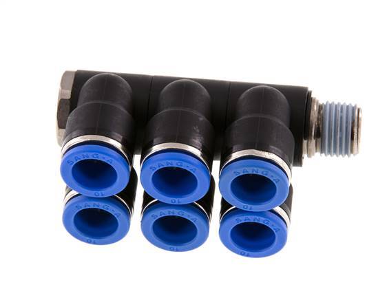 10mm x R1/4'' 6-way Manifold Messing/PA 66 Insteekfitting Buitendraad Draaibaar NBR