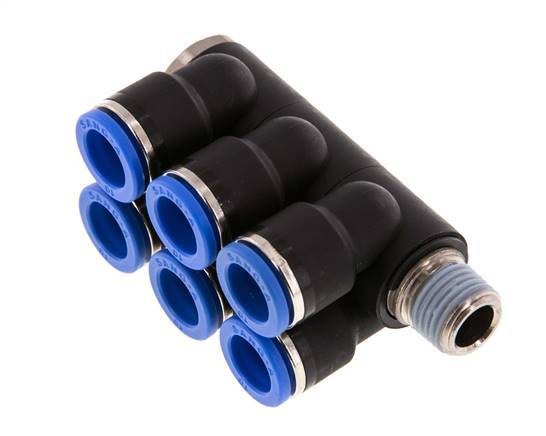 10mm x R1/4'' 6-way Manifold Messing/PA 66 Insteekfitting Buitendraad Draaibaar NBR