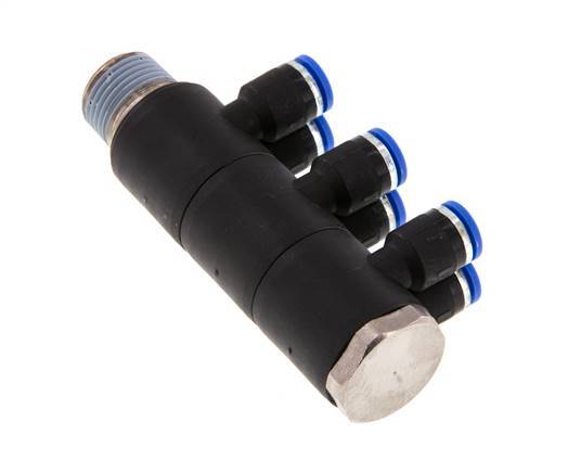 6mm x R3/8'' 6-way Manifold Messing/PA 66 Insteekfitting Buitendraad Draaibaar NBR