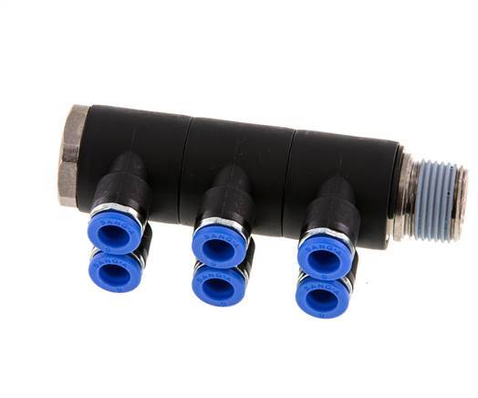 6mm x R3/8'' 6-way Manifold Messing/PA 66 Insteekfitting Buitendraad Draaibaar NBR