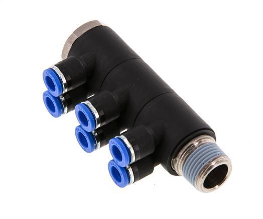 6mm x R3/8'' 6-way Manifold Messing/PA 66 Insteekfitting Buitendraad Draaibaar NBR