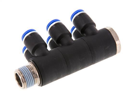 8mm x R3/8'' 6-way Manifold Messing/PA 66 Insteekfitting Buitendraad Draaibaar NBR