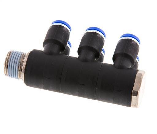 8mm x R3/8'' 6-way Manifold Messing/PA 66 Insteekfitting Buitendraad Draaibaar NBR