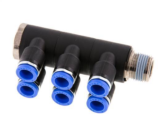8mm x R3/8'' 6-way Manifold Messing/PA 66 Insteekfitting Buitendraad Draaibaar NBR