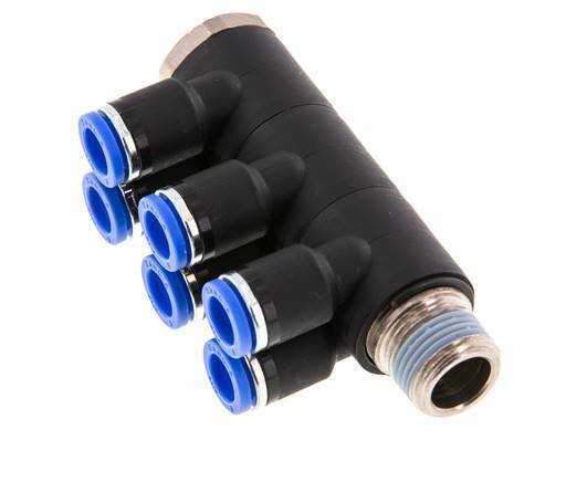 8mm x R3/8'' 6-way Manifold Messing/PA 66 Insteekfitting Buitendraad Draaibaar NBR