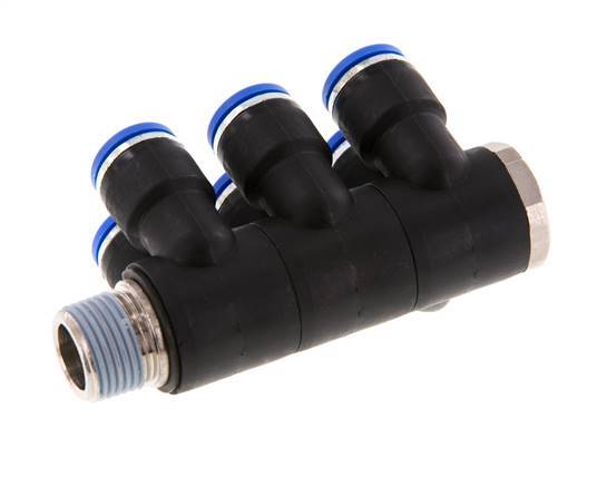 10mm x R3/8'' 6-way Manifold Messing/PA 66 Insteekfitting Buitendraad Draaibaar NBR