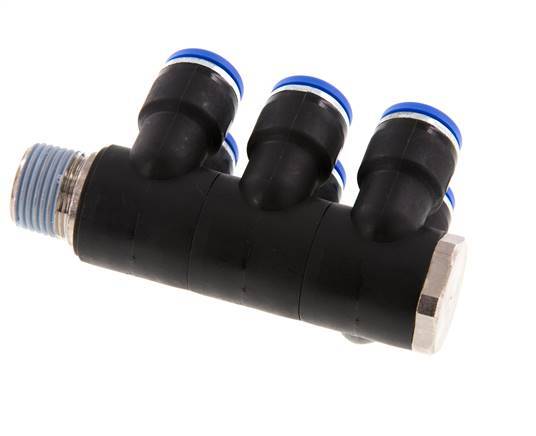 10mm x R3/8'' 6-way Manifold Messing/PA 66 Insteekfitting Buitendraad Draaibaar NBR