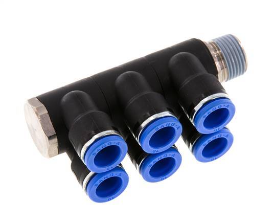 10mm x R3/8'' 6-way Manifold Messing/PA 66 Insteekfitting Buitendraad Draaibaar NBR