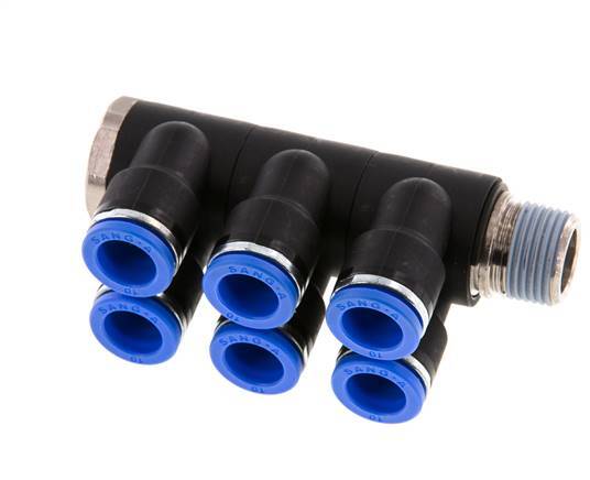 10mm x R3/8'' 6-way Manifold Messing/PA 66 Insteekfitting Buitendraad Draaibaar NBR
