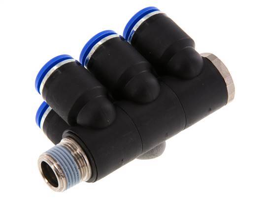 12mm x R3/8'' 6-way Manifold Messing/PA 66 Insteekfitting Buitendraad Draaibaar NBR