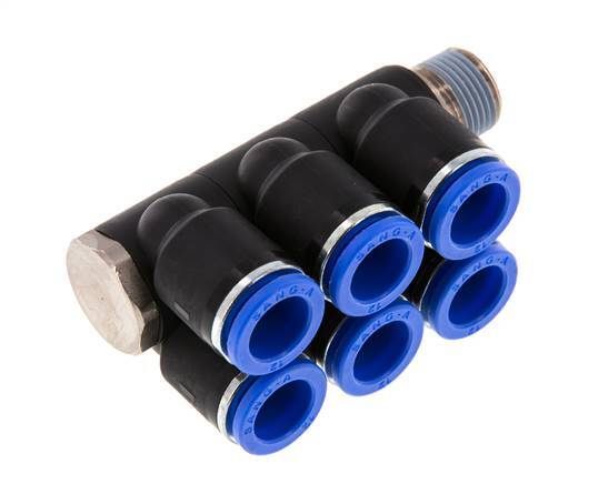 12mm x R3/8'' 6-way Manifold Messing/PA 66 Insteekfitting Buitendraad Draaibaar NBR