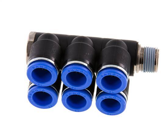 12mm x R3/8'' 6-way Manifold Messing/PA 66 Insteekfitting Buitendraad Draaibaar NBR