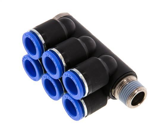 12mm x R3/8'' 6-way Manifold Messing/PA 66 Insteekfitting Buitendraad Draaibaar NBR