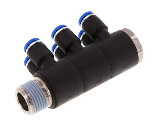 8mm x R1/2'' 6-way Manifold Messing/PA 66 Insteekfitting Buitendraad Draaibaar NBR