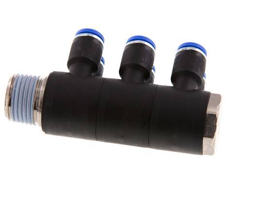 8mm x R1/2'' 6-way Manifold Messing/PA 66 Insteekfitting Buitendraad Draaibaar NBR