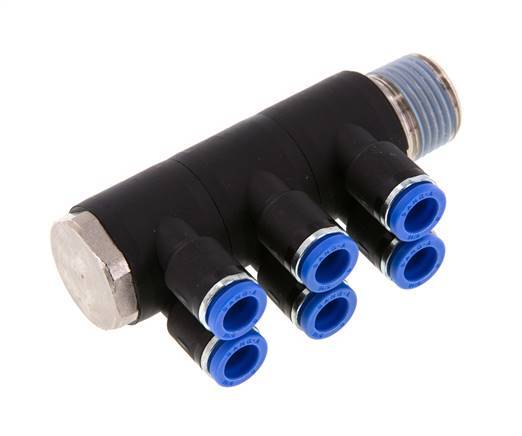 8mm x R1/2'' 6-way Manifold Messing/PA 66 Insteekfitting Buitendraad Draaibaar NBR