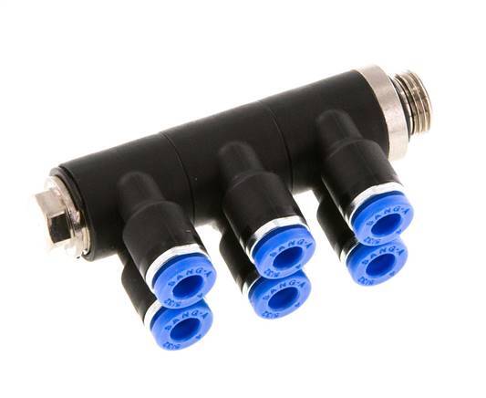 4mm x G1/8'' 6-way Manifold Messing/PA 66 Insteekfitting Buitendraad Draaibaar NBR