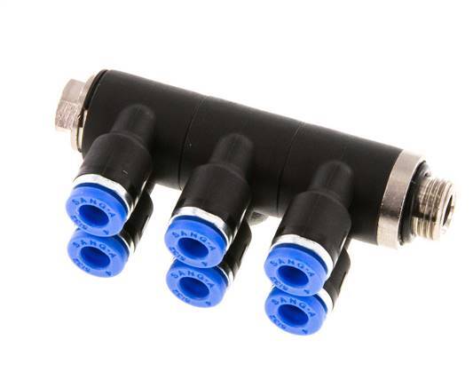 4mm x G1/8'' 6-way Manifold Messing/PA 66 Insteekfitting Buitendraad Draaibaar NBR