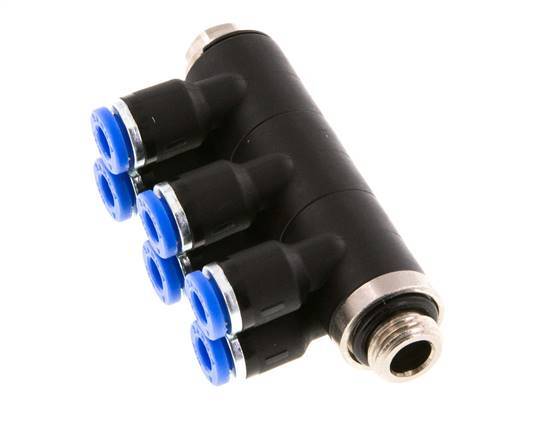 4mm x G1/8'' 6-way Manifold Messing/PA 66 Insteekfitting Buitendraad Draaibaar NBR
