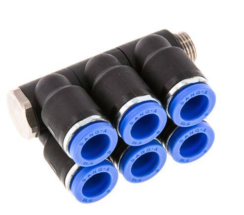 8mm x G1/8'' 6-way Manifold Messing/PA 66 Insteekfitting Buitendraad Draaibaar NBR