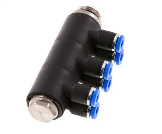 4mm x G1/4'' 6-way Manifold Messing/PA 66 Insteekfitting Buitendraad Draaibaar NBR