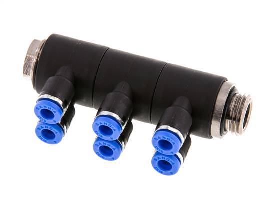 4mm x G1/4'' 6-way Manifold Messing/PA 66 Insteekfitting Buitendraad Draaibaar NBR