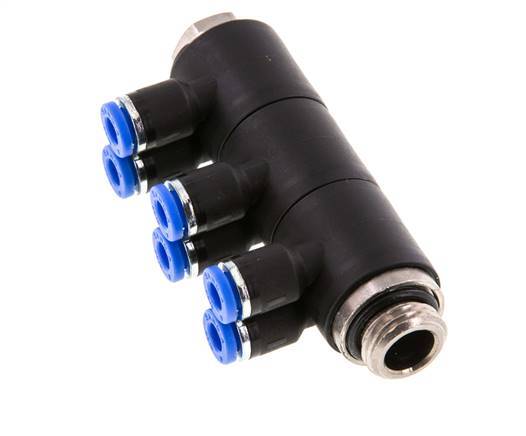 4mm x G1/4'' 6-way Manifold Messing/PA 66 Insteekfitting Buitendraad Draaibaar NBR