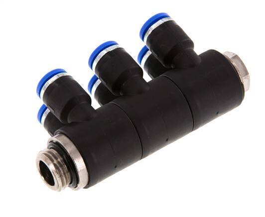 6mm x G1/4'' 6-way Manifold Messing/PA 66 Insteekfitting Buitendraad Draaibaar NBR