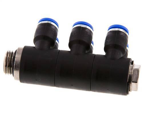 6mm x G1/4'' 6-way Manifold Messing/PA 66 Insteekfitting Buitendraad Draaibaar NBR