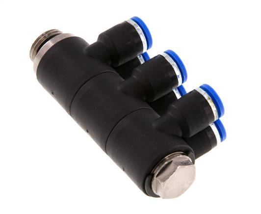 6mm x G1/4'' 6-way Manifold Messing/PA 66 Insteekfitting Buitendraad Draaibaar NBR