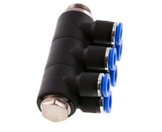 6mm x G1/4'' 6-way Manifold Messing/PA 66 Insteekfitting Buitendraad Draaibaar NBR