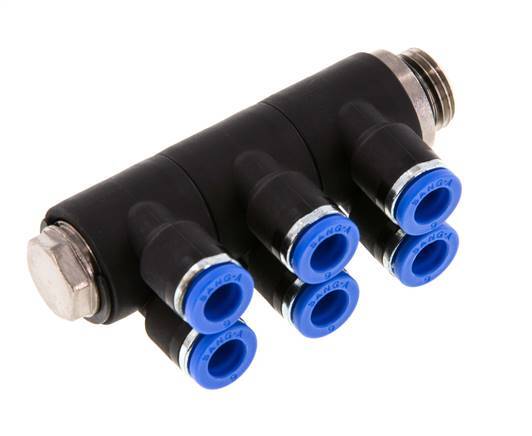 6mm x G1/4'' 6-way Manifold Messing/PA 66 Insteekfitting Buitendraad Draaibaar NBR