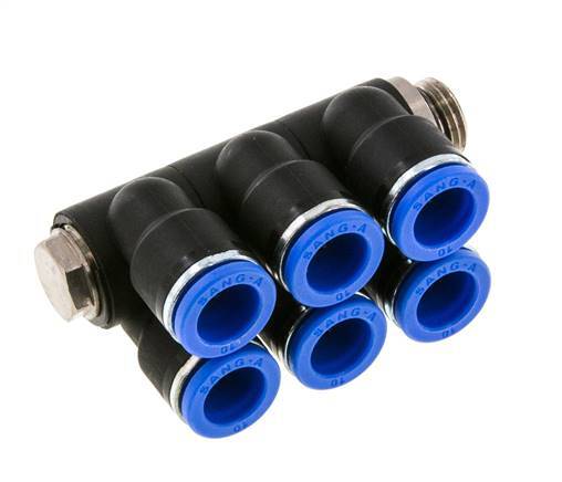 10mm x G1/4'' 6-way Manifold Messing/PA 66 Insteekfitting Buitendraad Draaibaar NBR