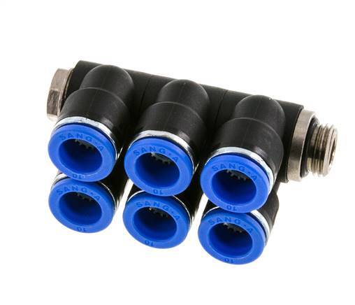 10mm x G1/4'' 6-way Manifold Messing/PA 66 Insteekfitting Buitendraad Draaibaar NBR