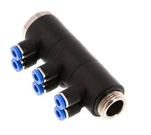 4mm x G3/8'' 6-way Manifold Messing/PA 66 Insteekfitting Buitendraad Draaibaar NBR