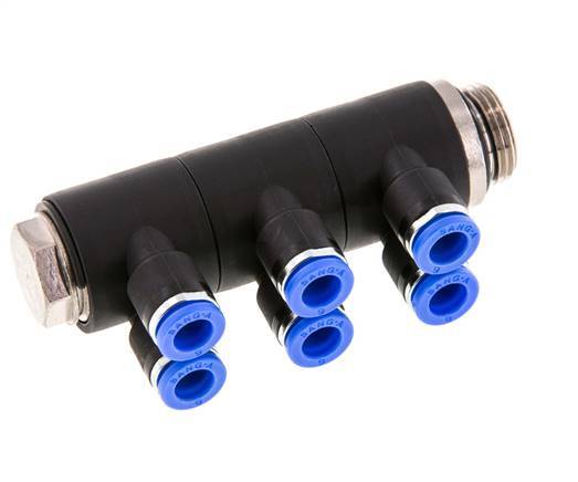 6mm x G3/8'' 6-way Manifold Messing/PA 66 Insteekfitting Buitendraad Draaibaar NBR