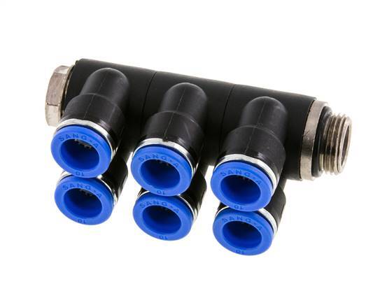 10mm x G3/8'' 6-way Manifold Messing/PA 66 Insteekfitting Buitendraad Draaibaar NBR