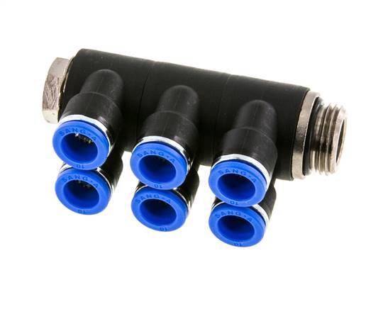 10mm x G1/2'' 6-way Manifold Messing/PA 66 Insteekfitting Buitendraad Draaibaar NBR