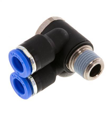 6mm x R1/8'' Double 90deg Elbow Push-in Fitting with Male Threads Brass/PA 66 NBR Rotatable [2 Pieces]